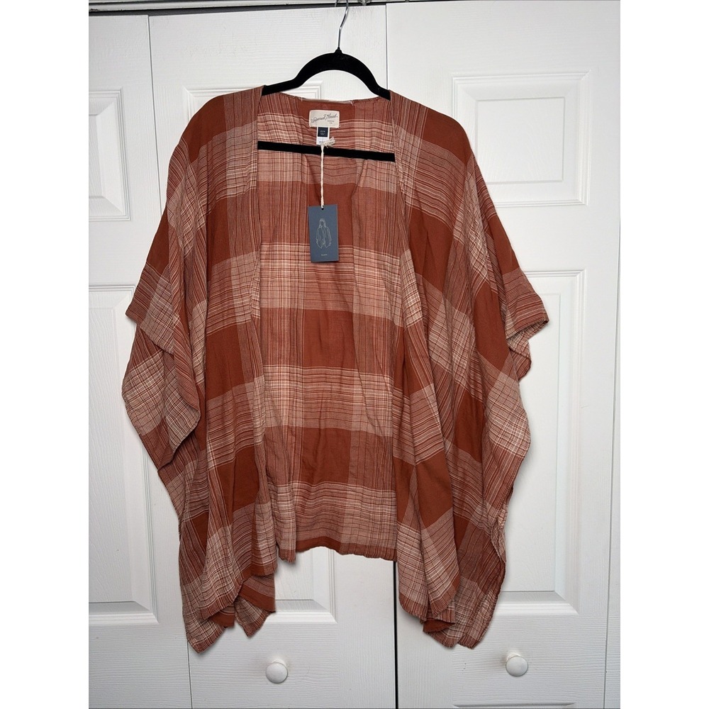 Universal Thread Ruana Kimono Womens Size OSFM Rust Orange Plaid Cotton Rayon